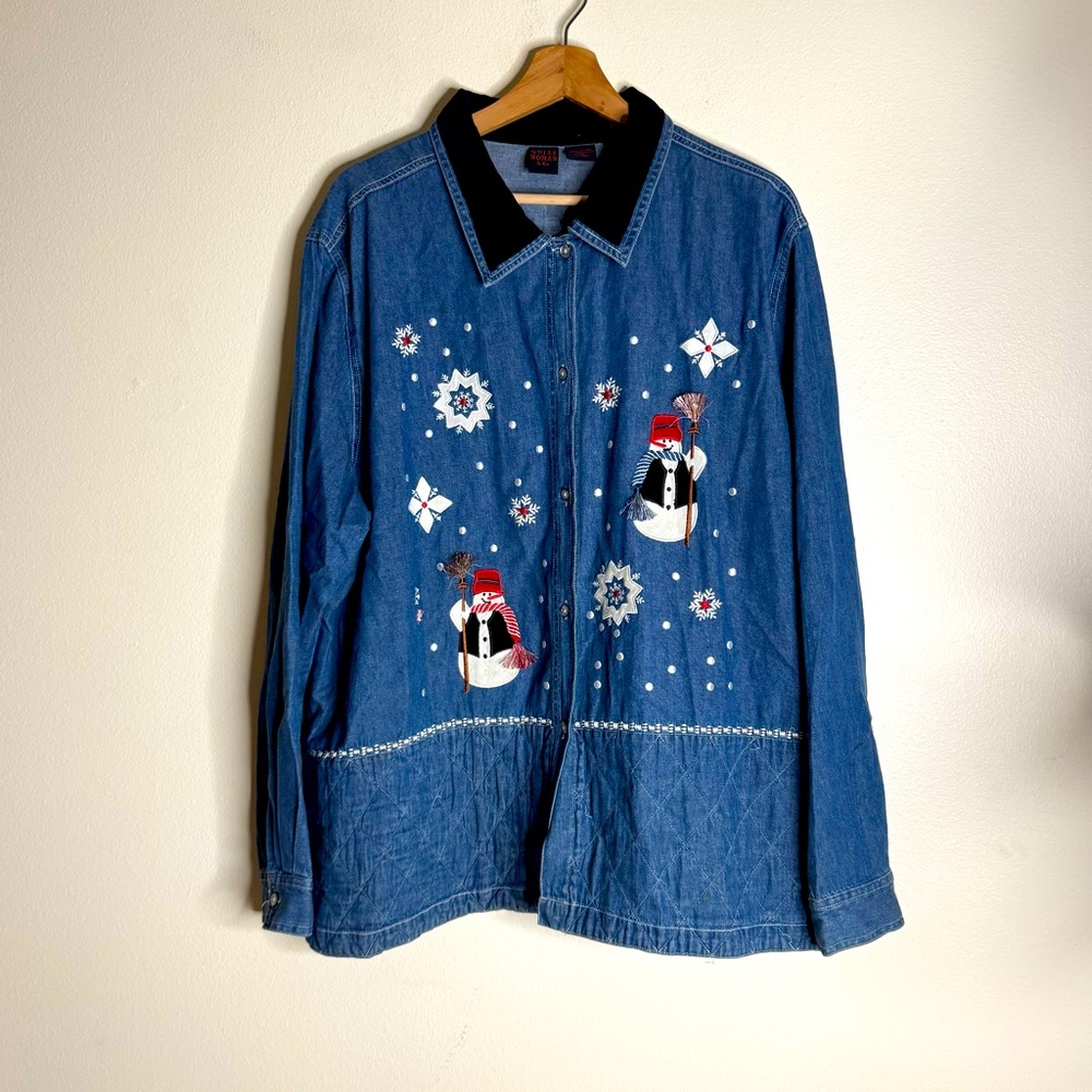 Quizz woman co Blue Denim Snowman Shirt Shacket Embroidered Applique 22 XXL 90s